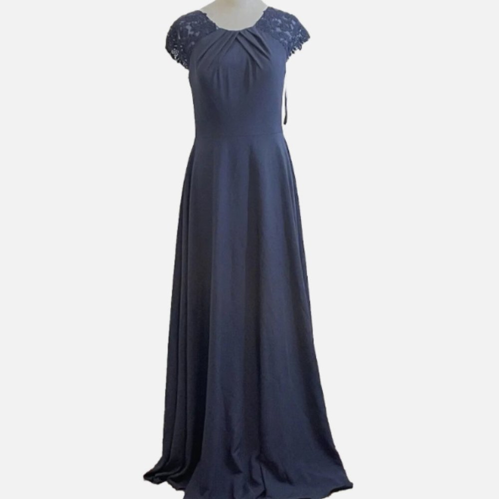 La Femme Navy Blue Lace Cap Sleeve Satin Floor Length Gown Size 6
